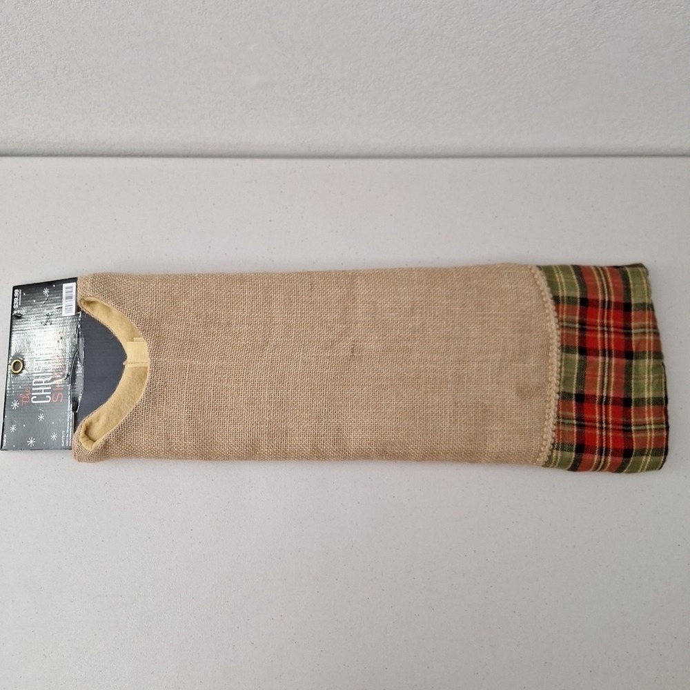 The Christmas Shoppe Tree Skirt Burlap and Red Green Plaid 48" NEW - Picture 5 of 12